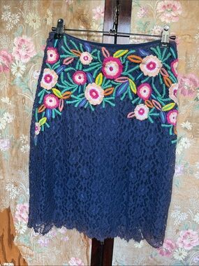 Navy Lace Pencil Skirt with Colorful Floral Embroidery